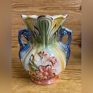 Vintage Lustreware Vase Made In Brazil With Handles Raised 3D Colorful Flowers